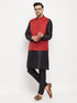 Vastramay Men's Maroon Matka Silk Nehru Jacket With Black Silk Blend Kurta and Pant style Pyjama Set